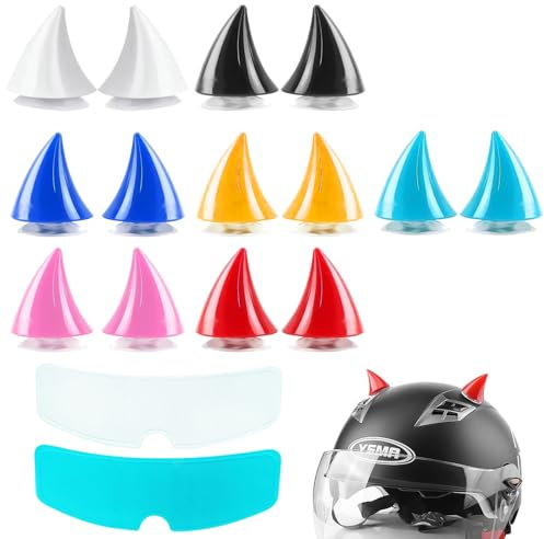 GmwyCzV 14 Stück Motorradhelm Devil Demon Horn, Motorradhelm Teufelshorn mit Saugnapf, 7 Farbtöne Motorrad Helm Hörner Eckdekoration, mit 2 Motorradhelms-Regenfolien, für Erwachsene Helm-Dekoration
