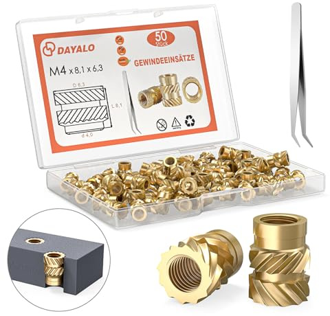 Dayalo M4 Gewindeeinsatz, 50 Stück M4x8,1x6,3 Einpressmuttern für 3D Druck Zubehör, Messing Gewindebuchsen, Durch Wärme in 3D-Druck-Teile aus Kunststoff Einsetzbar