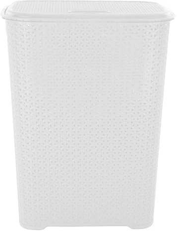 65L Litre Plastic Laundry Basket with Flip Lid & Handle | Ventilated Knit Design, Multi-Purpose Storage Hamper | Tall Laundry Sorter Bin Washing Baskets for Bedroom, Bathroom, Laundry Room (White)