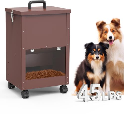 Alimentatore Automatico Per Cani Galvanizzato Per Razze Di Grandi Dimensioni, Distributore Di Cibo Per Cani Da 45 lbs Con Ruote Per Grandi, Alimentatore A Gravità Per Cibo Per Metallico Brun