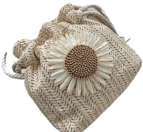 HESHUYAN Strohtasche Tasche Sommer Strand Strohtaschen Klassische Textur Sonnenblume Kordelzug Woven Bucket Crossbody Shoulder Messenger Runde Strohtasche