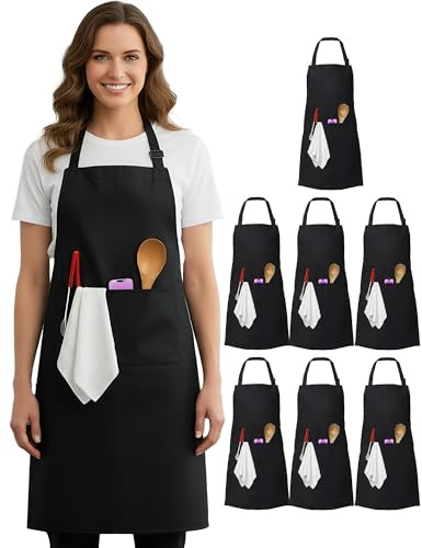 Xeoxarel 7 Pack Adjustable Bib Apron with 2 Pockets, Cooking Kitchen Aprons for Women Men Chef, Black