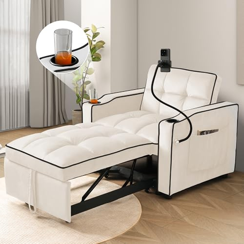 Wyibwy 3 in 1 Divano letto singolo estensibile，Con portabicchieri e portacellulare, divano reclinabile, poltrona letto, poltrona,Schiuma,per piccoli spazi,83x167x76cm,Beige