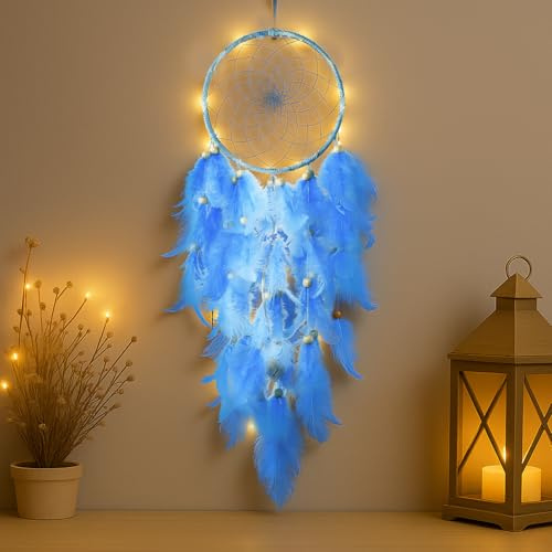 Attrape-rêves en plumes avec LED - Décoration murale bohème - Pour chambre, fenêtre, balcon, mariage, fête, cadeau de mariage - Bleu