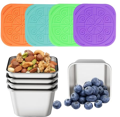 Yamobi Set de Contenedores de Alimentos con Tapa, 4x60 ml Contenedores de Acero Inoxidable para Aderezos, Pequeños Contenedores de Especias, Caja de Bocadillos, Set de Contenedores de Cocina para
