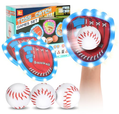 TODARRKAI Toss and Catch Ball Game Set,3 Sticky Balls 2 Baseballs Training Glove with LED Light,Outdoors Garden & Beach Toy Game for Kids Boys Girls Ages 3 4 5 6 7 8+