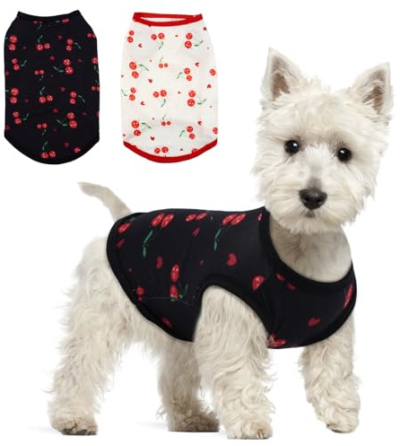 Hjumarayan 2er-Set Hunde Tshirt für Mittelgroße Hunde, Kirsch-Print Sonnenschutz Tshirt Atmungsaktiv Shirt Dackel Pomeranian, Dünner Hundepullover für Sommer, Spaziergänge, Schwarz + Weiß M