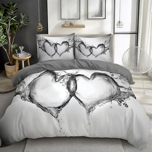 Generisch Grau Bettwäsche 180x200 cm Liebe Wasserspritzer 3teilig Bettbezüge Set Wende Bettwäsche aus Polyester Baumwolle mit Reißverschluss, Bettwäsche-Sets Weich und Bügelfrei