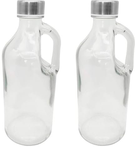 Acan Tradineur Lot de 2 bouteilles en verre avec anse 1 000 ml, couvercle à visser en plastique et métal, carafe distributrice d'eau froide ou chaude 24,7 x 9,5 cm