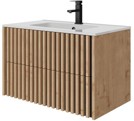UEV Waschtisch mit Unterschrank, Waschbeckenunterschrank 80cm hängend,Natur | Waschplatz, Keramik Waschbecken, Badezimmmer Möbel für Gäste WC, Badmöbel Set