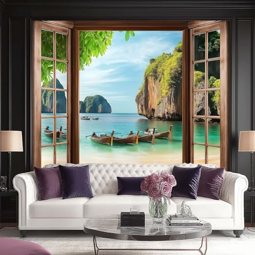 Papel Pintado Fotografía Vista Desde Una Ventana Junto Al Marvista Del Mar Desde La Ventana 3D Panorámico No Tejido – Fotomurales Decorativos Para Salón, Dormitorio Y Oficina – Diseño Moderno