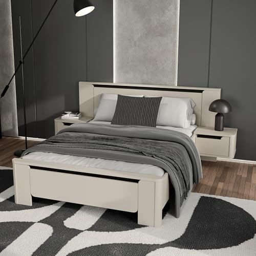 Forte VODOL Bettgestell 140 x 190 cm, modernes Bett mit integrierten Nachtschränken, Holzwerkstoff, Kaschmir|Beige, 236,5 cm breit x 94 cm hoch x 205,2 cm tief