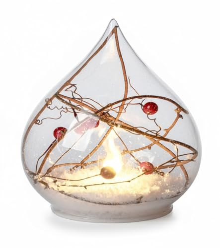 formano LED Dekokugel Weihnachten Tropfenform 13 cm Glaskugel mit Schnee Beeren & Zweigen - Deko mit Timer & LED-Flamme - batteriebetrieben - winterliche Weihnachtsdeko für Zuhause & Geschenke