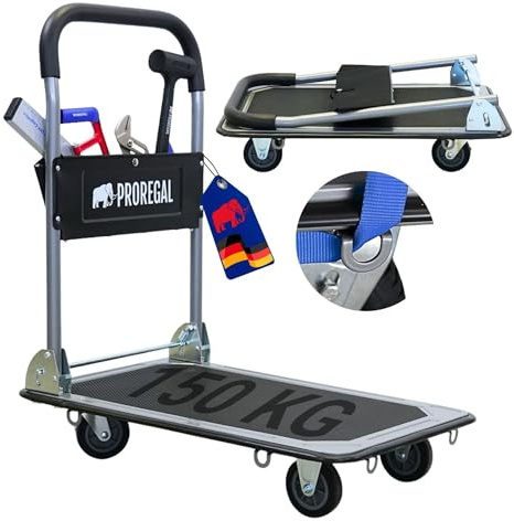 PROREGAL Profi-Plattformwagen Transportwagen Rhino 150kg klappbar mit Gummiräder, 360° Lenkrollen & Bockrollen mit Feststellbremse, mit Werkzeugtasche & 6 Sicherungsösen, Transporthilfe groß & leicht