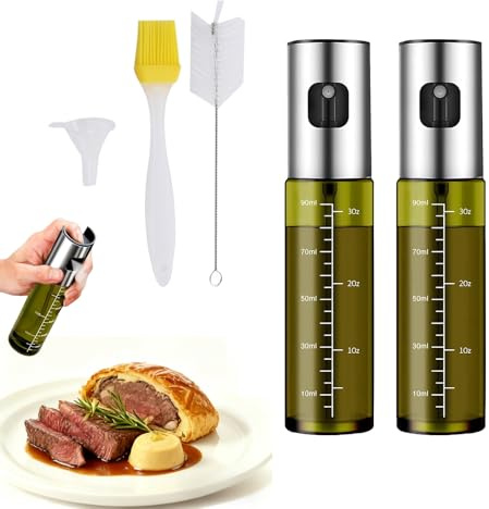 Vauki 2 spruzzatori di olio, colore verde, protezione UV in vetro, spruzzatore per olio da cucina, friggitrice ad aria calda, Airfryer con imbuto, spazzole per olio, spazzola per la pulizia, per