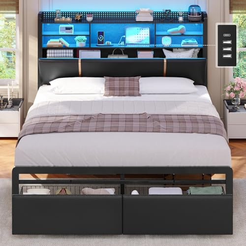 Lit 160x200 avec Multiprise et Éclairage LED, Cadre de Lit avec Sommier à Lattes Métal avec 6 Compartiments Ouverts, 2 Grands Tiroirs et Rangement sous Lits, Tête de Lits Capitonnée en PU Noir
