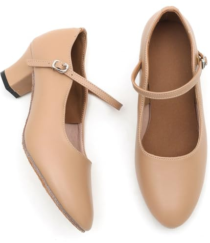 SLANINA 1920s black character dancing shoes for women, Ankle Strap 2 inch heels , black heels closed toe Dancing Shoes for Salsa, Tango, Flamenco, wedding (Light brown, Adult, Women, 7.5, Numeric, US Footwear Size System, Medium)