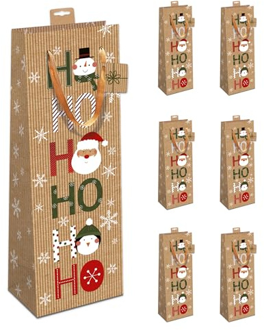 PremiumLine Geschenktaschen für Flaschen Weihnachten 6 Stück | Kraftpapier Flaschentüten edle Geschenktüten für Wein Sekt Champagner | farbige Kordel, Namenskarte | Ho Ho Ho | Skorpion Papeterie