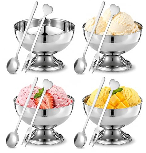Simaixing 4 schalen unverdautes eis, 4 löffel, 5 unzen kalbseis eis, 5 unzen dessertbecher, metallenen dessertbecher, goldene kuchenschalen, kelleroberste servierteller (silber)