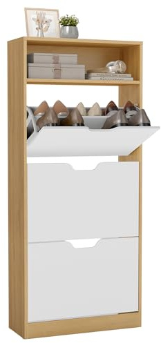 VASAGLE Meuble à Chaussures 3 Portes, 15 à 18 Paires, pour Entrée | Compartiment Ouvert, Séparateur Réglable, Blanc et Doré chêne, Collection CUSTOS LBC046YA02