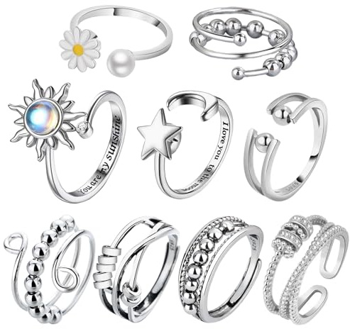 MLPKOI 9 Anello Antistress per Donna, Anelli Spinner Con Perline, Impilabili Anelli Antistress, Regolabile Aperto Fidget Ring (style3)