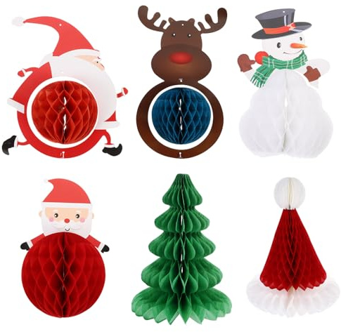 HIAKDOFT Set 6 Pezzi Decorazioni Natalizie da Appendere a Forma di Palla a Nido D’Ape in Carta Ciondoli Albero di Natale Motivi Assortiti per Addobbi Casa Ufficio e Feste Colore Casuale