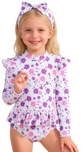 Genérico Bañador Natacion Niña Traje de Baño de Manga Larga con Estampado Floral para Niñas Conjunto Bikini y Diadema para Solar en Playa