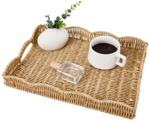 CREATCABIN Rattan Serving Tray with Handle Scalloped Edge Rectangle Wicker Serving Tray Hand-Woven Wicker Decorative Flat Baskets for Breakfast Bread Fruit Coffee Table Kitchen Dinning Room Bathroom