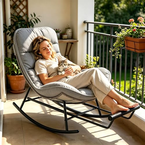 Fiutazge Schaukelstuhl Outdoor,Schaukelstuhl Mit Ausziehbare FußStüTze,Dicke Gepolsterter, HäNgesessel Mit Gestell,Schaukelsessel Wohnzimmer FüR Veranda,Schlafzimmer,Garten,Grau