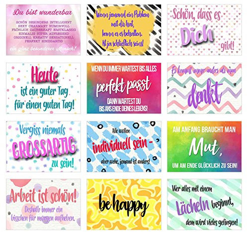 Set Postkarten mit Sprüchen - Karten mit Spruch - Geschenkidee - Dekoidee - Liebe, Freundschaft, Leben, Motivation, lustig – Postcrossing - Geburtstagskarten (Set 1, 12 Karten)