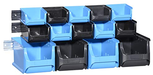 Allit 457135 ProfiPlus Set 1+2+3/17 Sichtboxen-Set, Lagerboxen, Wandschiene, schwarz blau, Blau, Schwarz