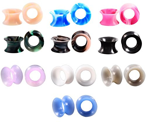 Huacan Silikon Flesh Tunnel Set 12mm Superdünn Reinfarbe+Buntader 10 Paare Double Flared Soft Plug mit vielfarbiger Marmorierung Punk Unisex 20 Stück
