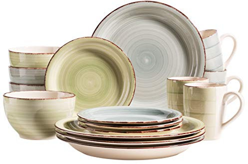 MÄSER 931603 Bel Tempo II Service de table vintage 16 pièces pour 4 personnes en céramique peinte à la main Bleu fumé/vert
