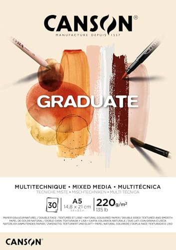 Canson Graduate Mixed Media naturale, album da disegno collato lato corto, A5, 30 fogli, due lati : ruvido e liscio, 220g/m, ocra
