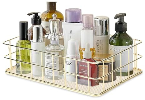 HERCHR Metall Aufbewahrungskorb Grid Drahtkorb, Make Up Organizer Aufbewahrung Gold Deko Tablett, Allzweckkorb Metall Grid Aufbewahrungskorb Aufbewahrung Schminke Schminktisch Zubehör (L)