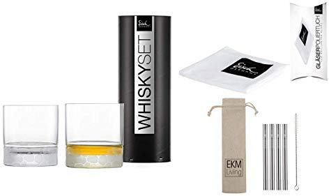 Eisch Lot de 2 verres à whisky Hamilton de 400 ml dans un tube cadeau 506.14 + chiffon de nettoyage pour œuf et lot de 4 pailles en acier inoxydable EKM Living