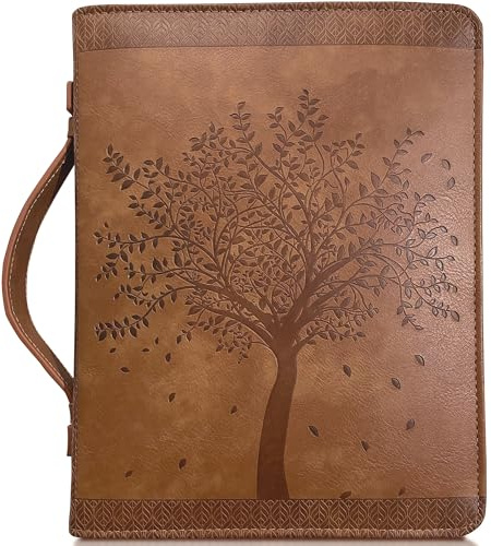 ‘Angel Treasures’ Bible Cover with Engraved Tree of Life Design| Genuine Faux PU Leather Book Protector Case with Handle, Zipper, Pockets & Pen Slots