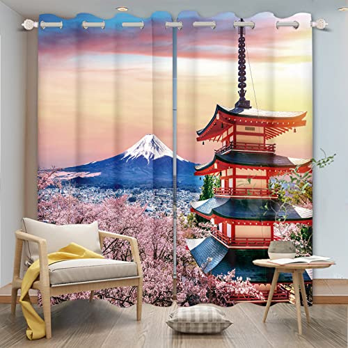 DORCEV Japanese Curtains Cherry Blossoms Japanese Volcano Pavilion Building Townscape Window Curtains for Bedroom Living Room Sunset Snow Mountain Blackout Kitchen Curtains,53x84 inch,2 Panels