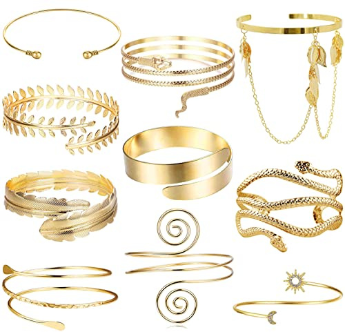 EIELO 10Pcs Arm Cuff Bracelets for Women Upper Arm Bands Snake Feather Armband Greek Goddess Filigree Swirl Boho Armlet Cuff Bangle Adjustable Golden Arm Bracelet Set