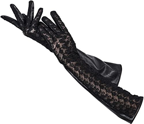 Lange Lederhandschuhe Schaffell Lange Spitzenhandschuhe Bankett Damen Lederhandschuhe Schwarz 6,5