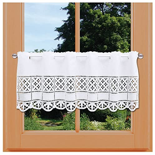 Scheibengardine Petrissa Vogtländische Spitze | Landhaus-Scheibenhänger mit Bohrarbeit in weiß | Kurzgardine im modernen Shabby Chic | zeitloses Panneaux aus Baumwoll-Linon Höhe x Breite 30 x 122 cm