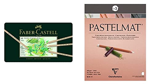 Faber-Castell 112160 - Farbstift Pitt Pastell, 60er Metalletui & Clairefontaine 96007C Zeichenblock Pastelmat braun, anthrazit, weiß und hellbraun