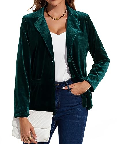MINTLIMIT Velvet Blazer Jacket for Women Classic Casual Formal Notched Lapel Button Front Cardigan Blazer Tailored Velvet Jacket Coat, 2XL, Dark Green