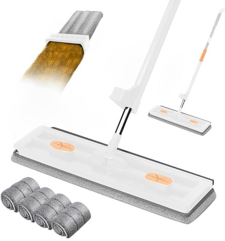 Lot de serpillères avec seau, grande serpillère plate avec fonction essorage, articulation rotative à 360 ° avec seau pliable et tampons de nettoyage en microfibre, grande serpillère plate pour bois