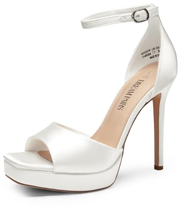 DREAM PAIRS Women's Rhinestone Square Toe Heeled Sandals, Satin or Vegan Leather, Elevated Platform, Ankle Strap, Dress Shoes for Party, Dancing, Formal Events, Size 6.5,White-Satin,SDHS2431W