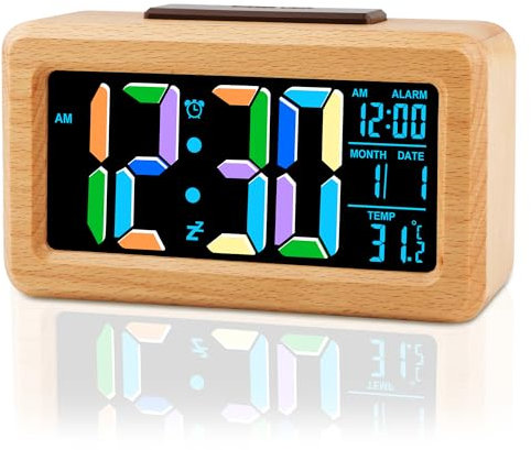 Ayybboo Wecker Digital,Wecker Holz mit Großer Anzeige,Automatischer Lichtsensor,Datums,Temperaturanzeige, Batteriebetrieben Tischuhr(Kohlebatterien Batterie Nicht Enthalten) (Buche Lila)