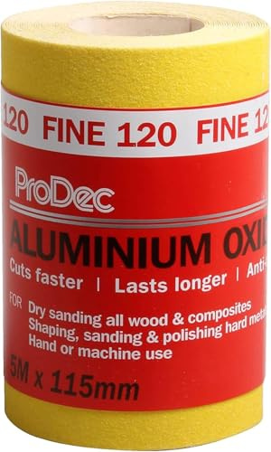 ProDec 5m Roll 120 Grit Fine Grade Yellow Aluminium Oxide Abrasive Sanding Paper for Sanding Wood, Paint, Plaster, Filler, Metal and More, 115mm Wide Sandpaper Compatible with Machine Sanders