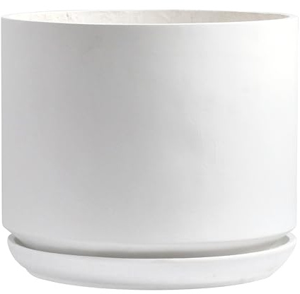 Olly & Rose Grand pot de fleurs blanc mat 35,5 cm extra large en fibre avec soucoupe – Grand pot de fleurs d'intérieur et d'extérieur