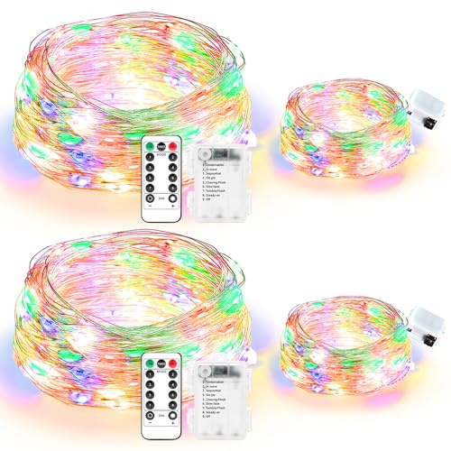 2 Stück 20 m Lichterketten mit Fernbedienung (IP65 Wasserdicht, 8 Beleuchtungsmodi & Timer) + 2 Stück 3 m LED-Lichterketten(3 Modi), Batteriebetrieben für Weihnachten, Innen/Außen Dekoration, Farbig