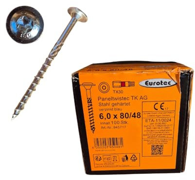 Vis ossature bois 6x80 mm - Vis charpente et assemblage bois - Eurotec Paneltwistec AG - Tête bombée - Acier galva bleu et trempé - Torx TX30 - Boîte de 100 vis